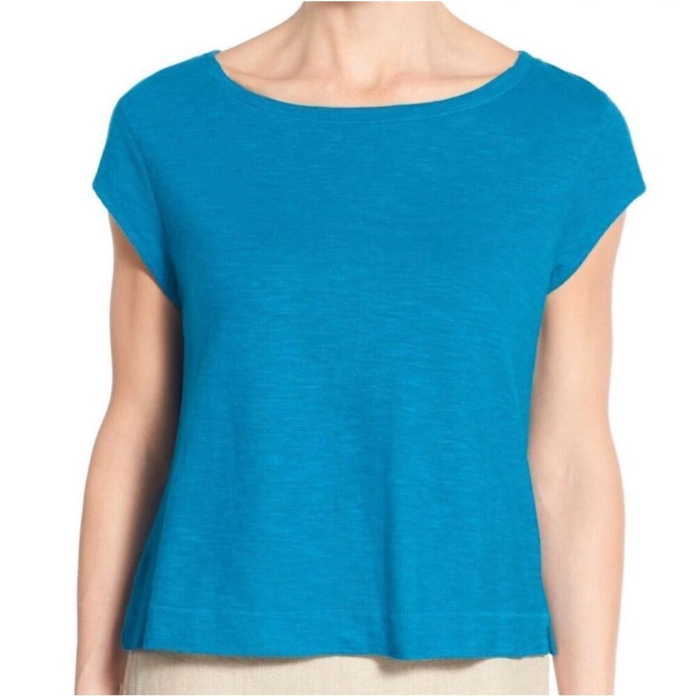 ✨Eileen Fisher Ballet Neck Button Back Crop Teal Sz Large Top✨